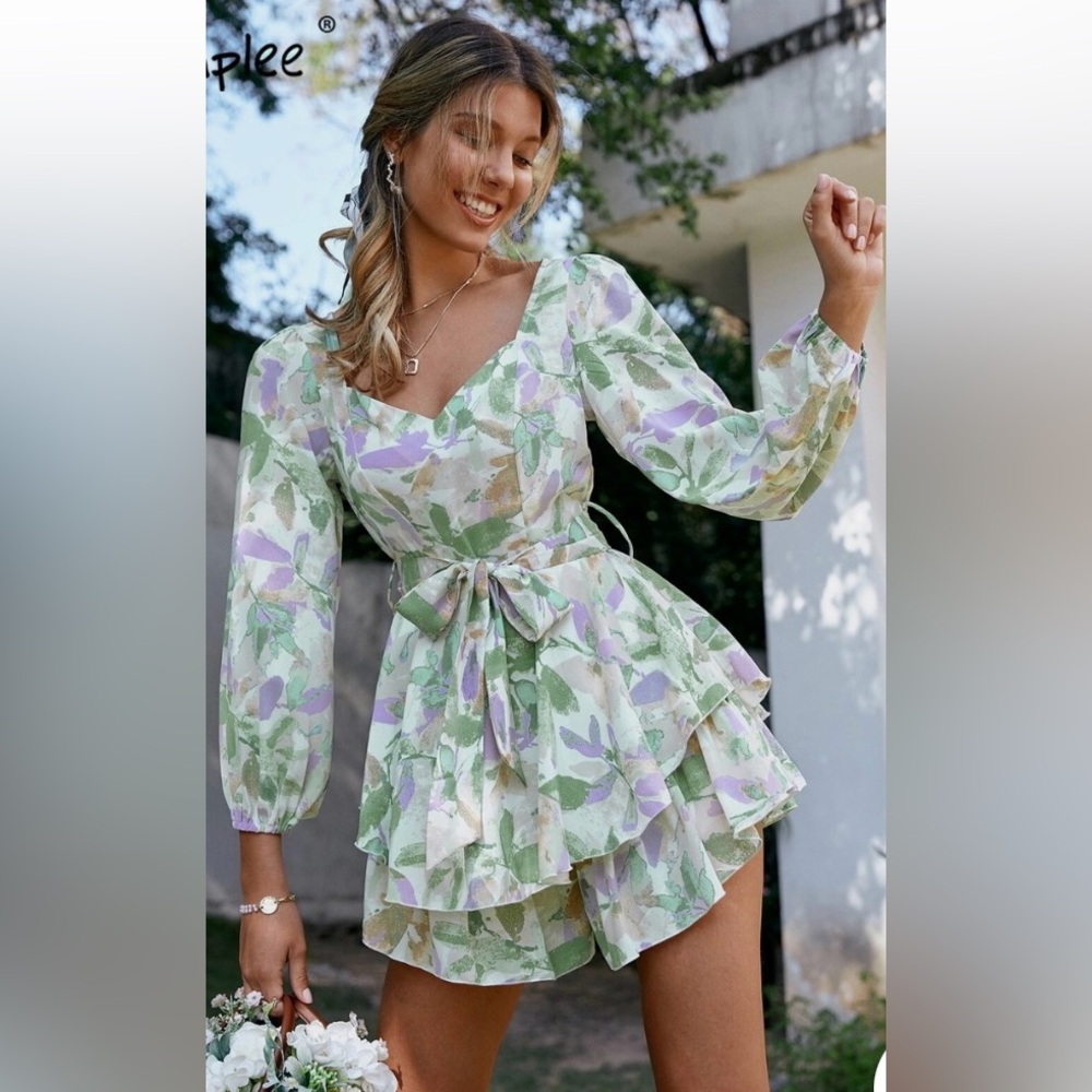 Simplee Apparel Floral Green and Purple Romper - Size S